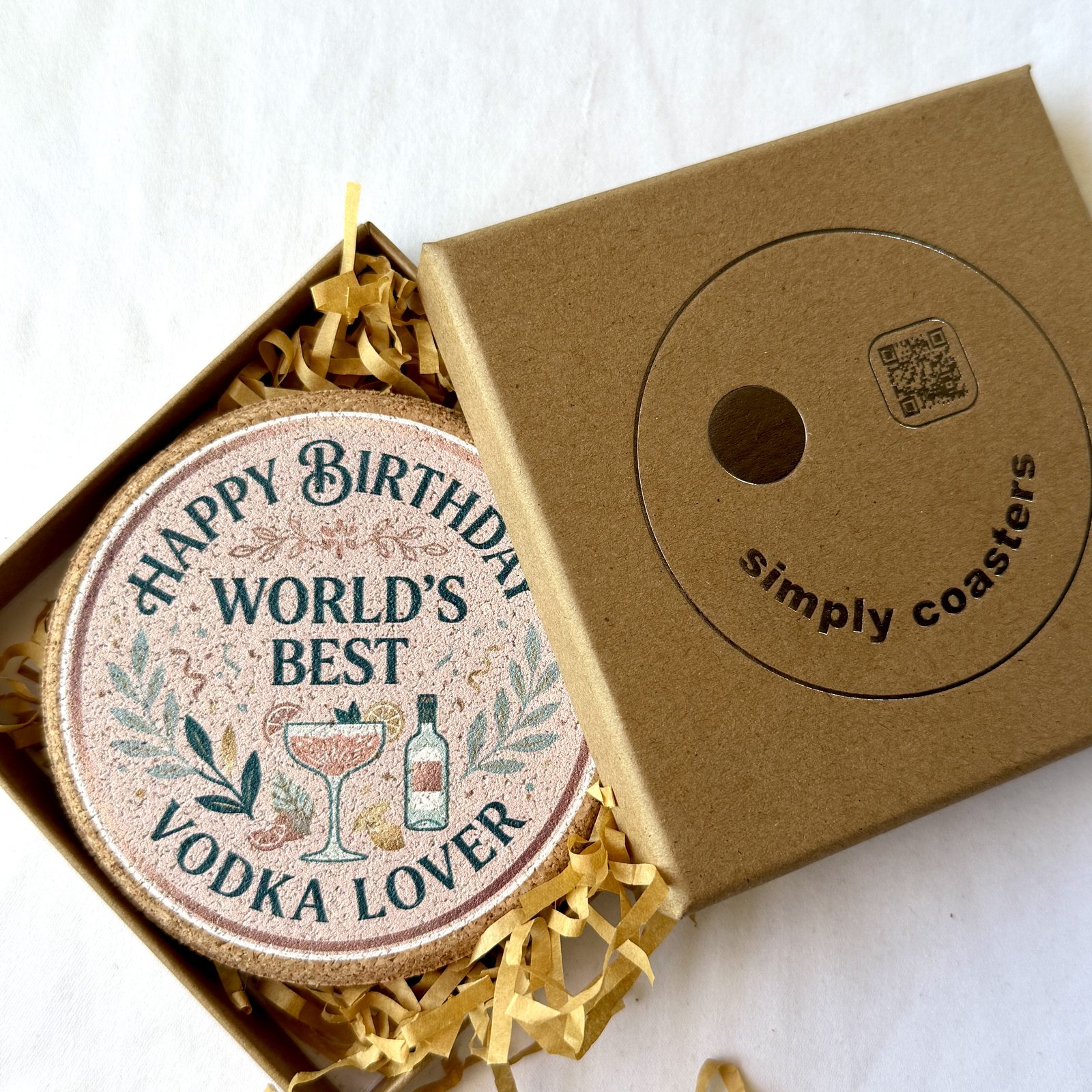 Vodka Lover — For Her birthday coaster in Simply Coasters branded Kraft gift box
