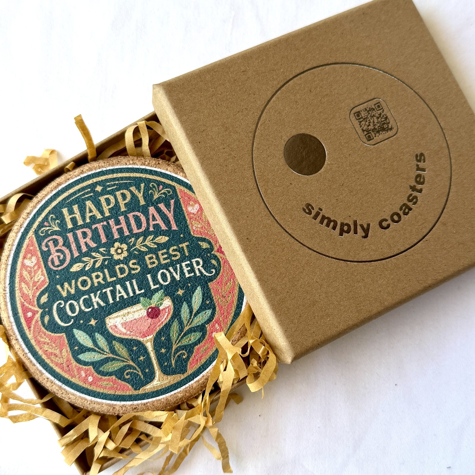 Cocktail Lover — For Her birthday coaster in Simply Coasters branded Kraft gift box