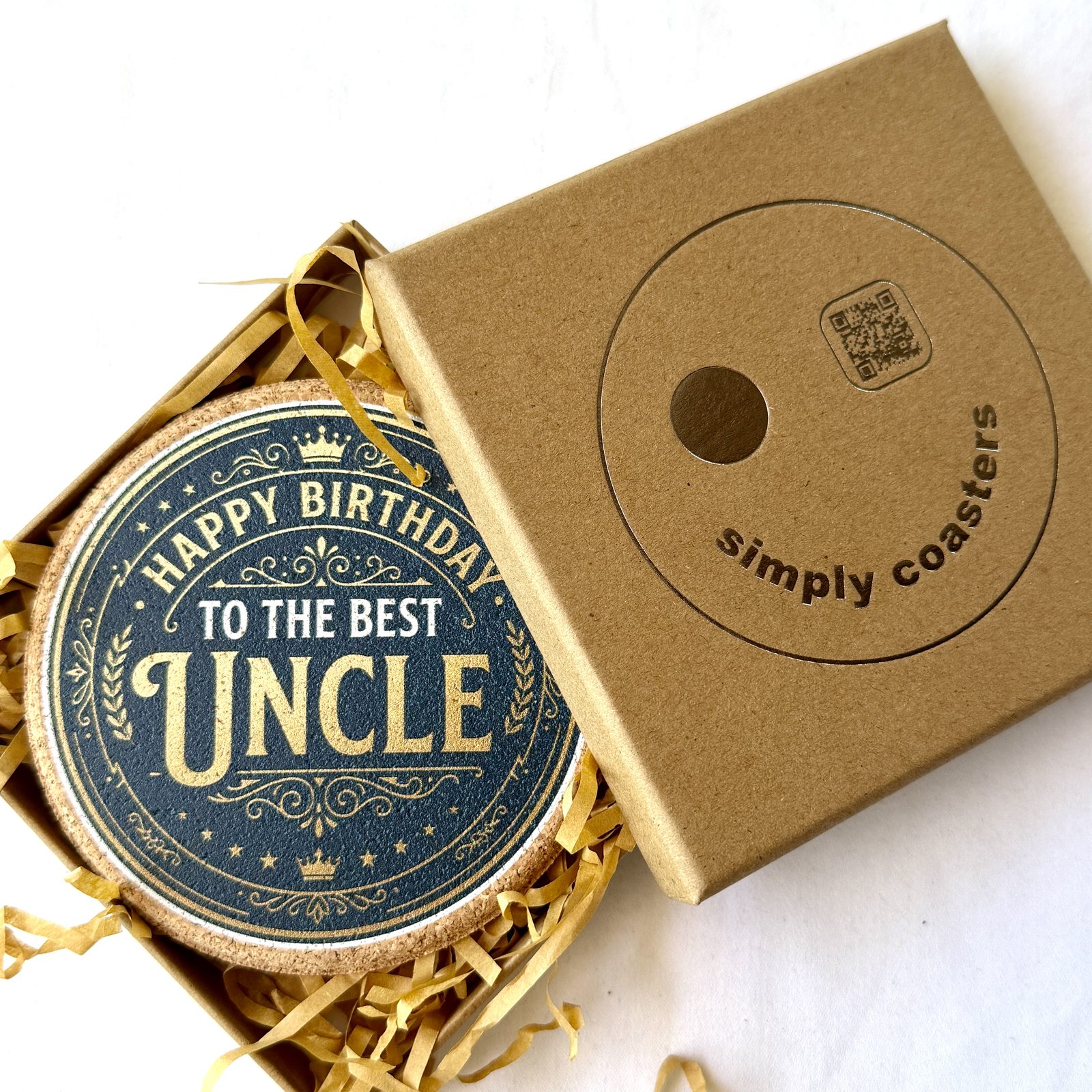 Best Uncle — Navy birthday coaster in Simply Coasters branded Kraft gift box