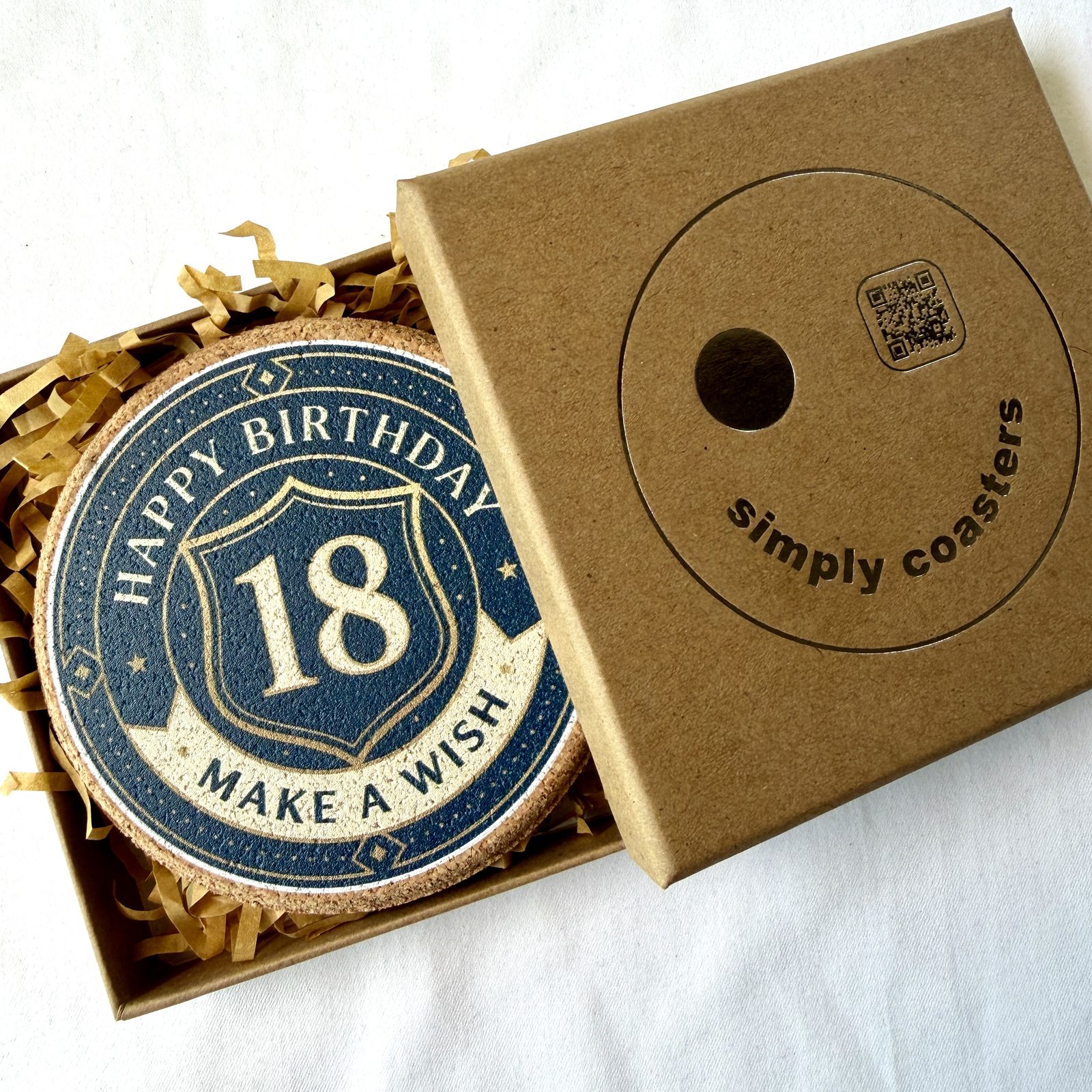 18th Birthday — For Him birthday coaster in Simply Coasters branded Kraft gift box