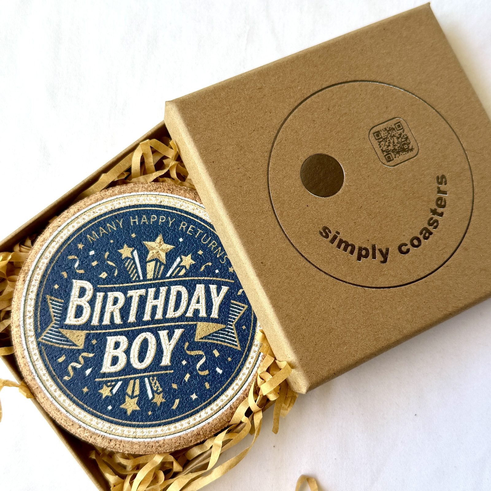 Birthday Boy birthday coaster in Simply Coasters branded Kraft gift box