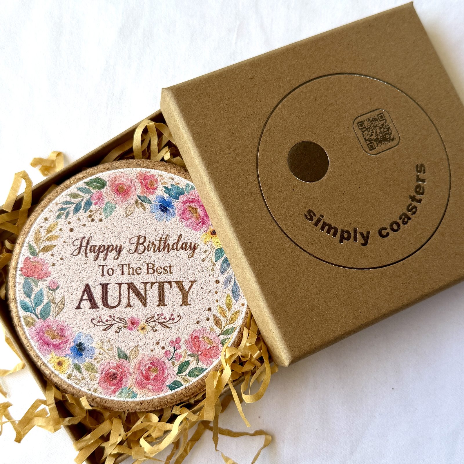 Best Aunty — Floral birthday coaster in Simply Coasters branded Kraft gift box