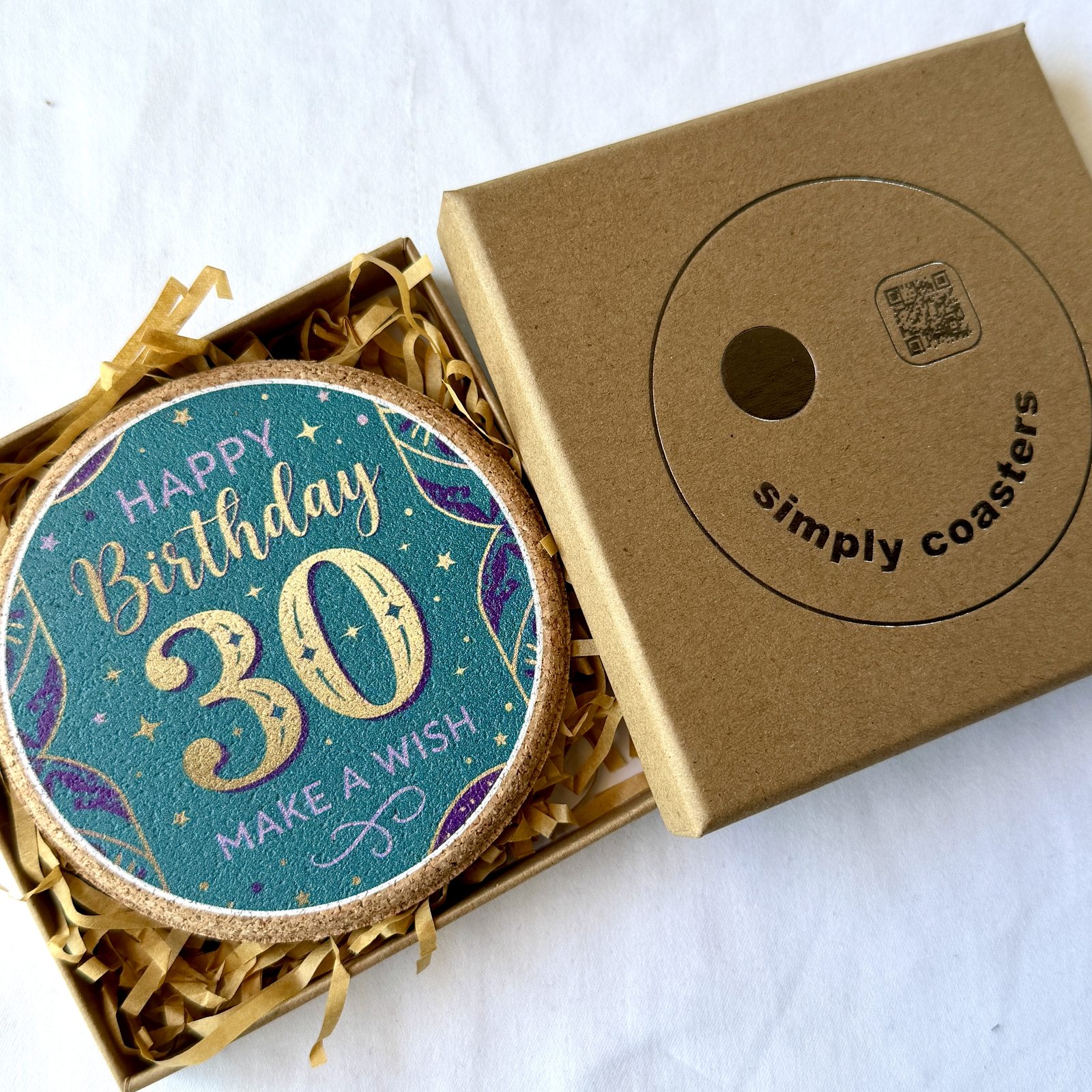 30th Birthday — For Her birthday coaster in Simply Coasters branded Kraft gift box