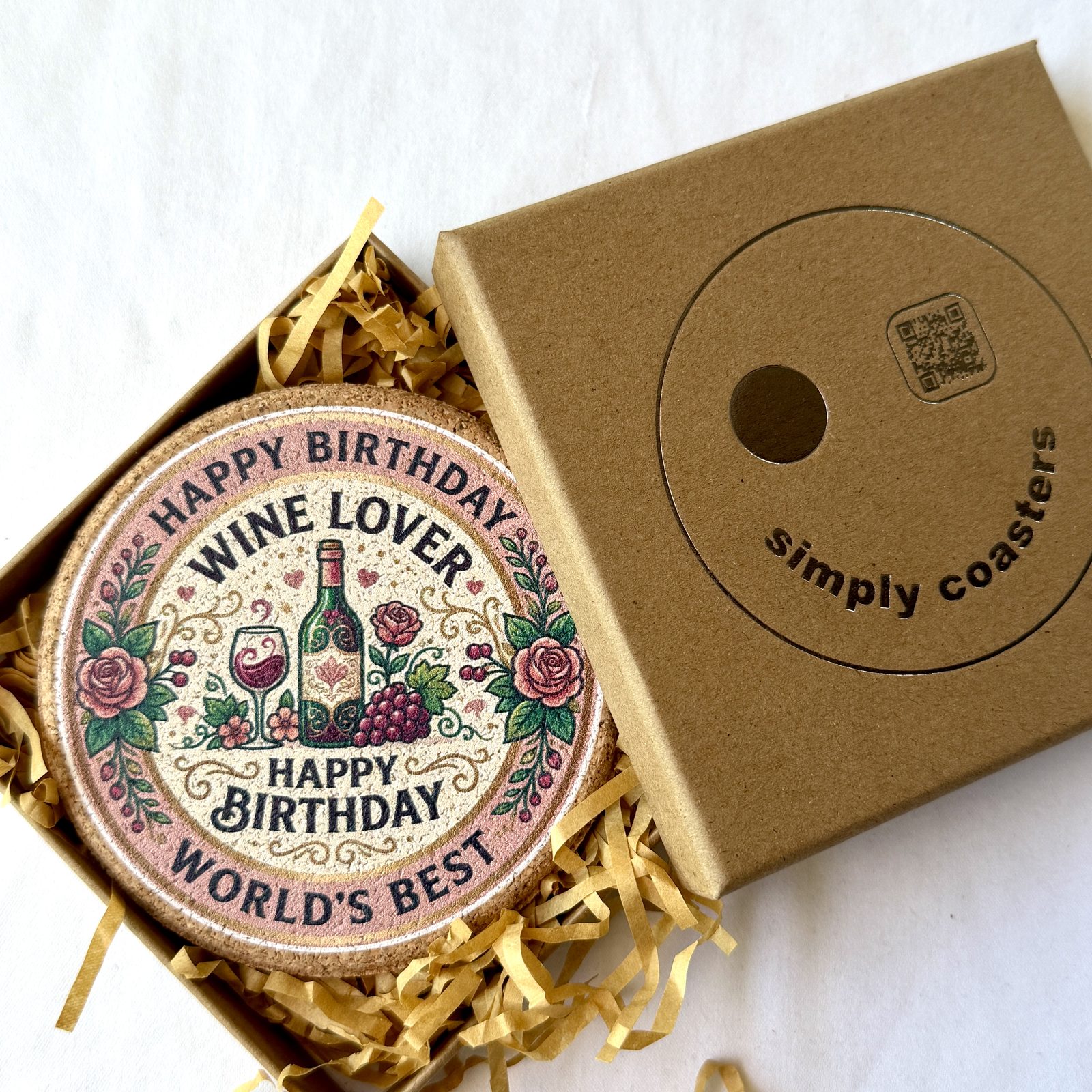 Wine Lover — For Her birthday coaster in Simply Coasters branded Kraft gift box
