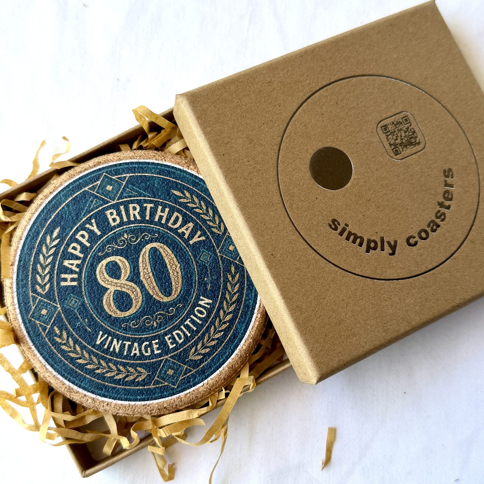 80th Birthday — For Him birthday coaster in Simply Coasters branded Kraft gift box