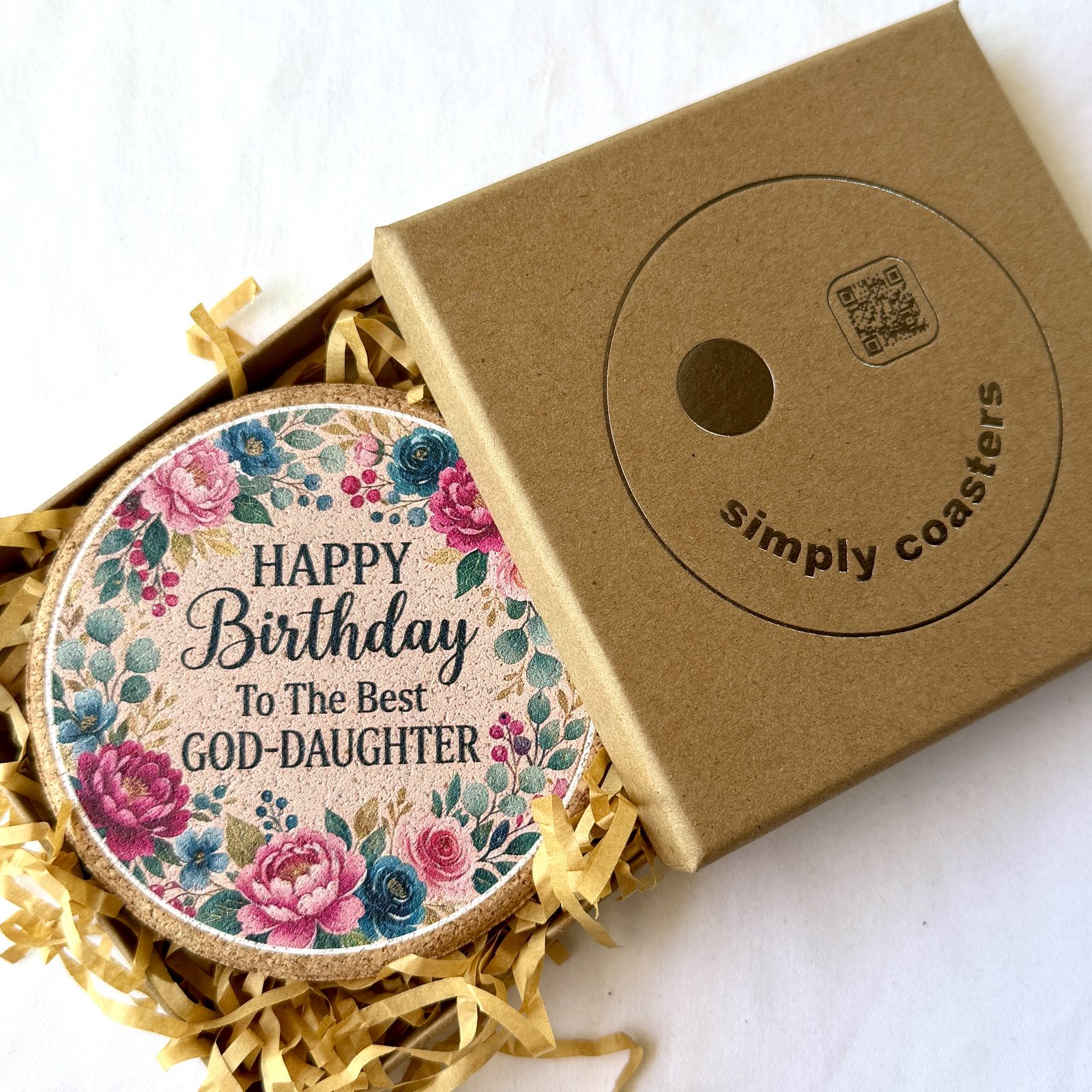 Best God-Daughter — Peach Floral birthday coaster in Simply Coasters branded Kraft gift box