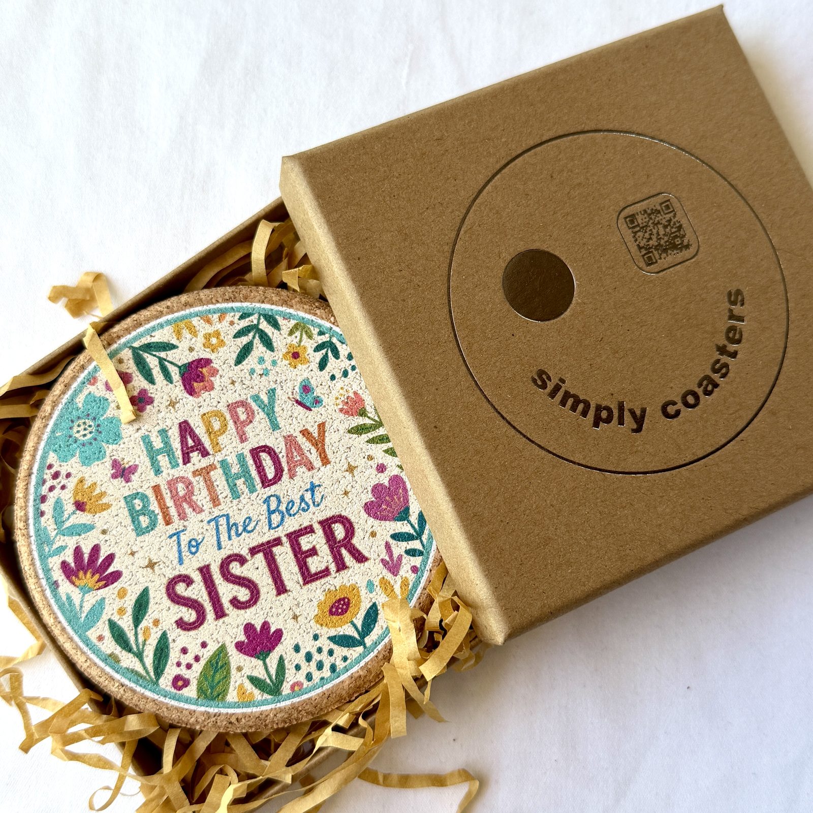 Best Sister — Bright Floral birthday coaster in Simply Coasters branded Kraft gift box