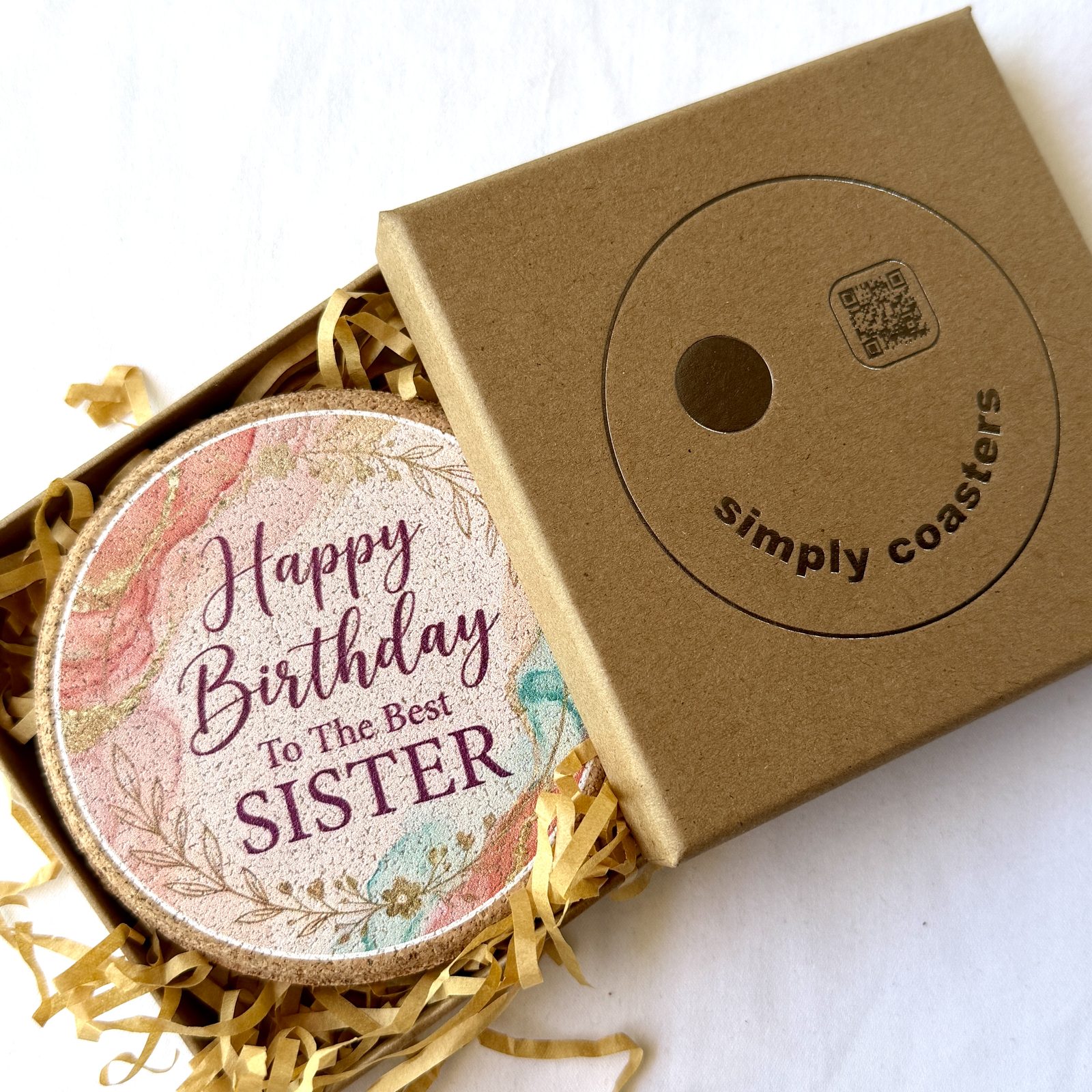 Best Sister — Coral birthday coaster in Simply Coasters branded Kraft gift box