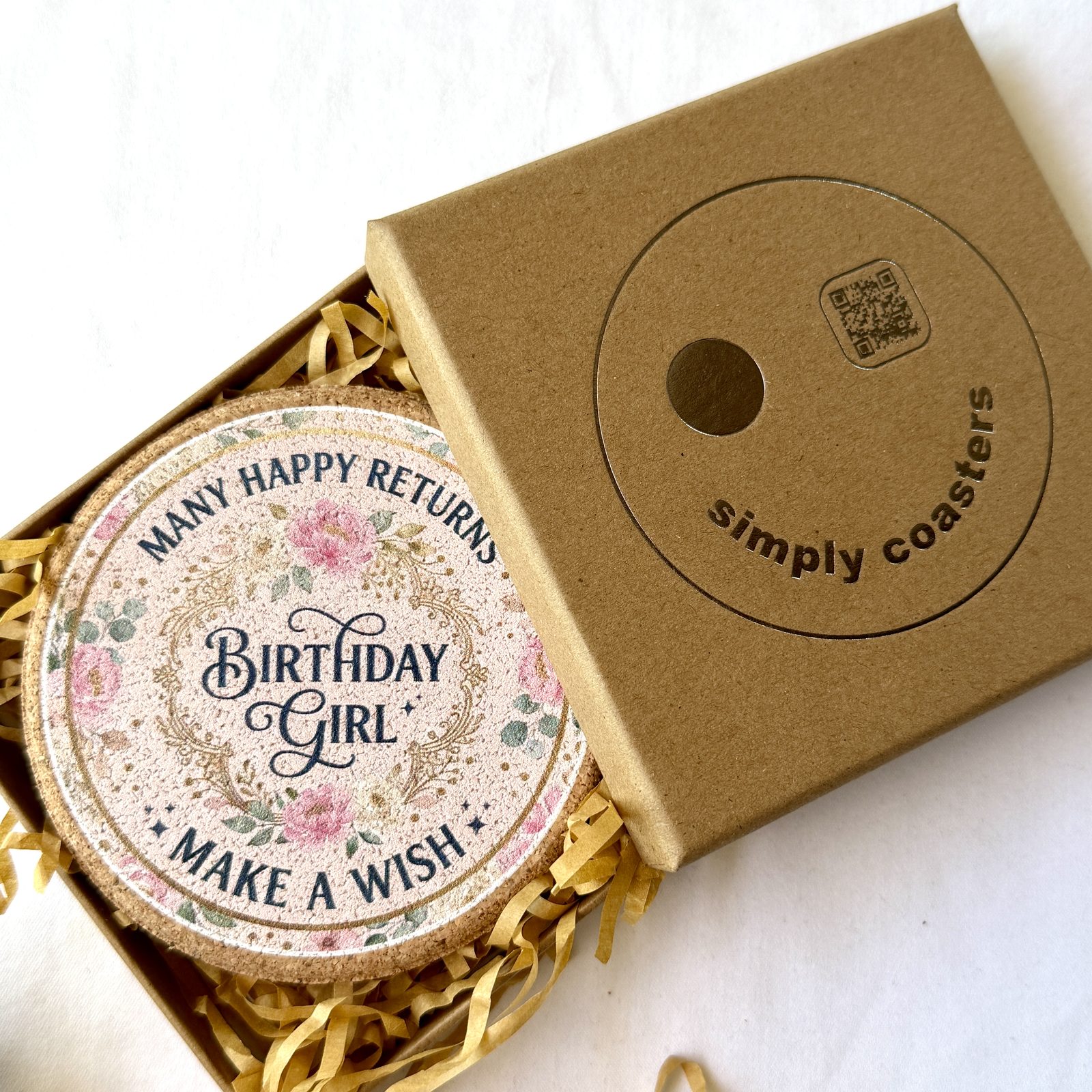 Birthday Girl birthday coaster in Simply Coasters branded Kraft gift box