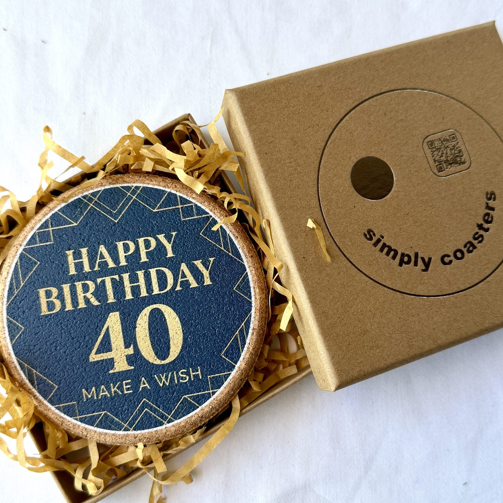 40th Birthday — For Him birthday coaster in Simply Coasters branded Kraft gift box