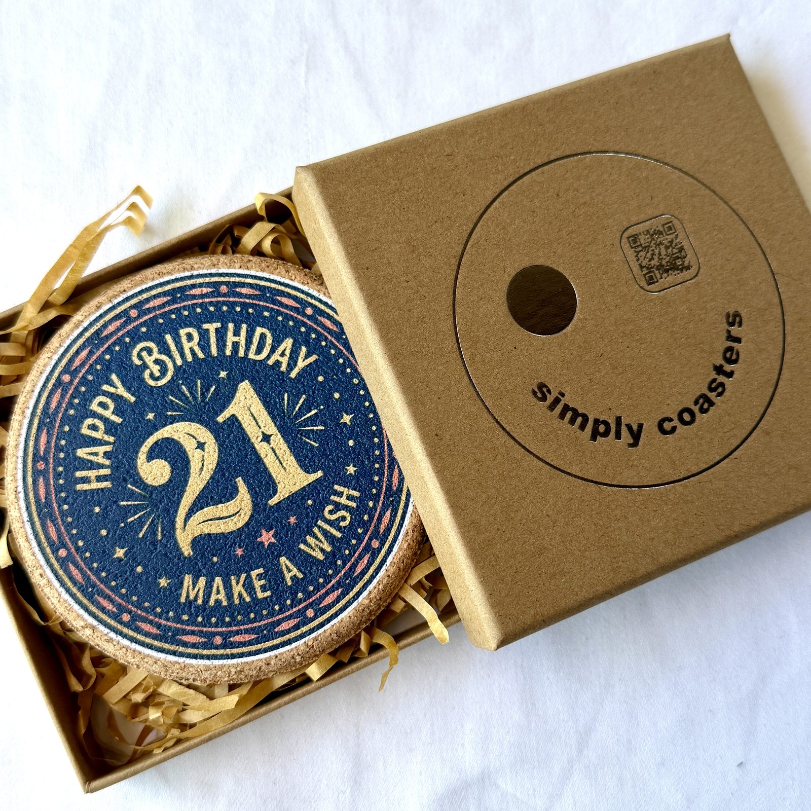 21st Birthday — For Him birthday coaster in Simply Coasters branded Kraft gift box