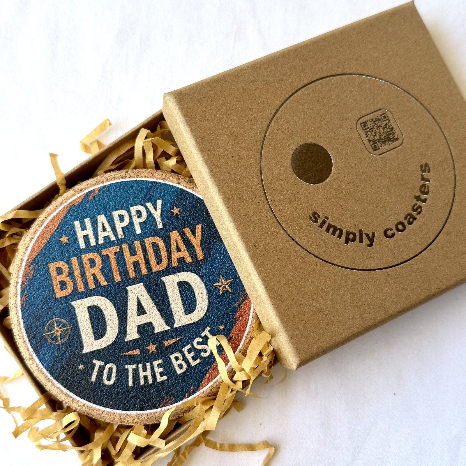 Best Dad — Navy & Orange birthday coaster in Simply Coasters branded Kraft gift box