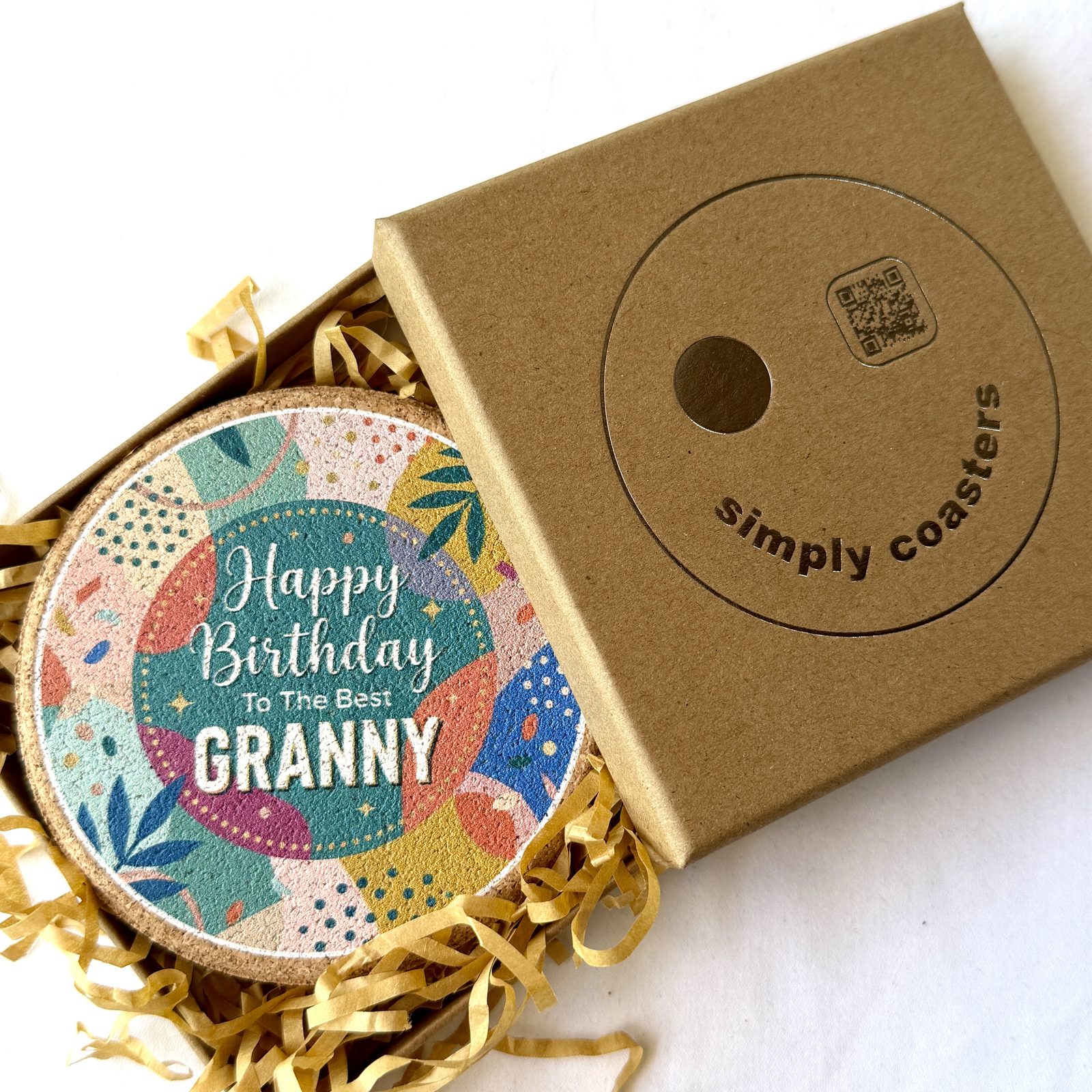 Best Granny — Terrazzo birthday coaster in Simply Coasters branded Kraft gift box