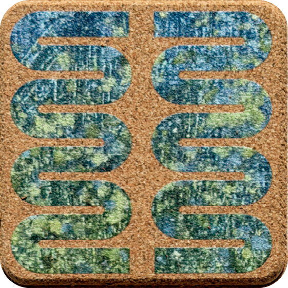 Green & Blue Splatter Squiggle 3 (Square) — designer art coaster on premium cork