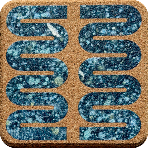 Green & Blue Splatter Squiggle 2 (Square) — designer art coaster on premium cork