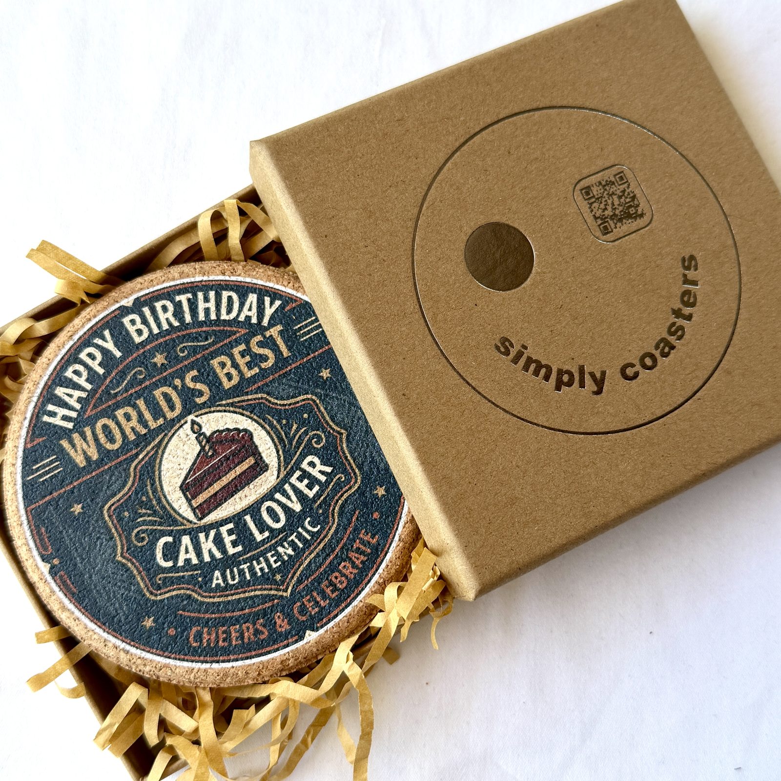 Cake Lover — For Him birthday coaster in Simply Coasters branded Kraft gift box