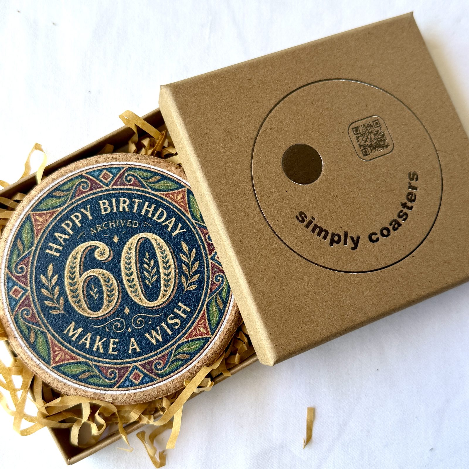 60th Birthday — For Him birthday coaster in Simply Coasters branded Kraft gift box