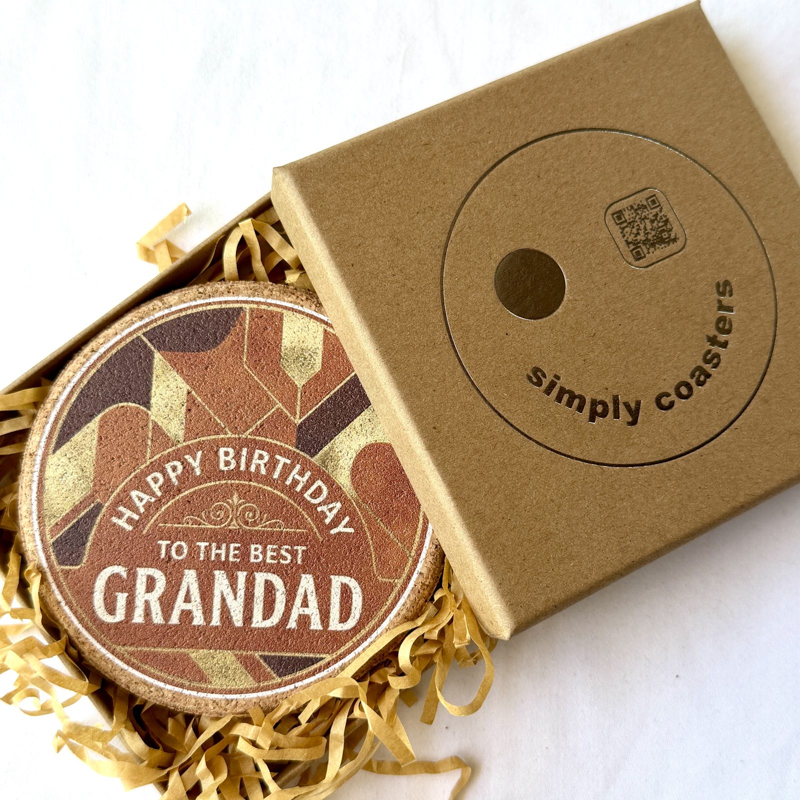 Best Grandad — Copper birthday coaster in Simply Coasters branded Kraft gift box