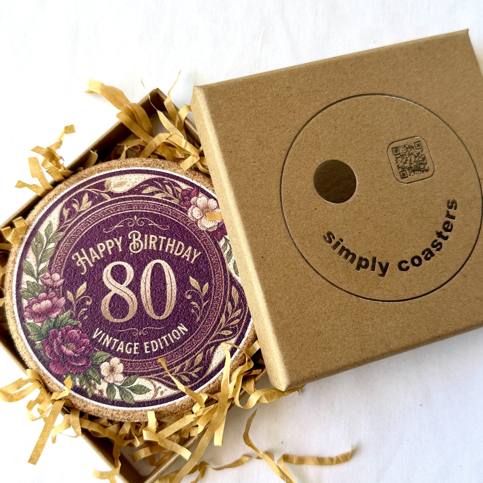 80th Birthday — For Her birthday coaster in Simply Coasters branded Kraft gift box