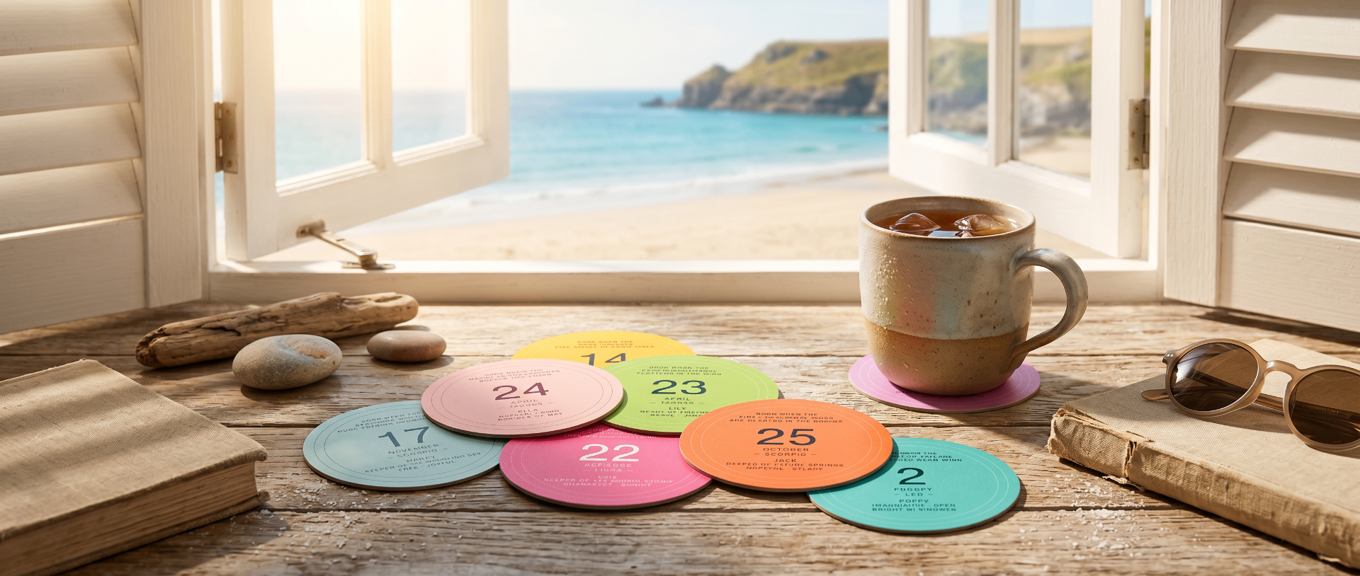 Personalised birthday coasters arranged on a sunlit windowsill overlooking a Cornish beach
