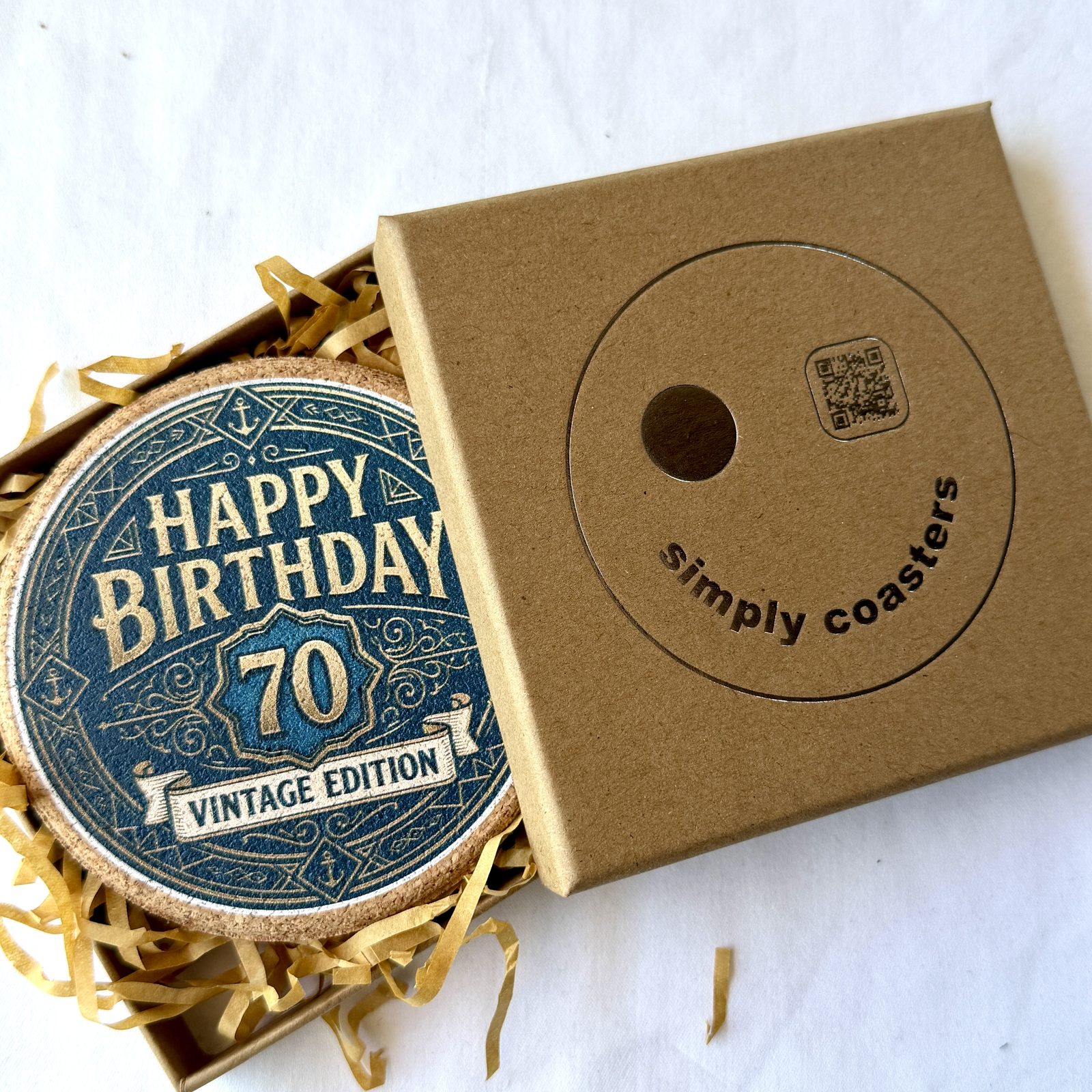 70th Birthday — For Him birthday coaster in Simply Coasters branded Kraft gift box