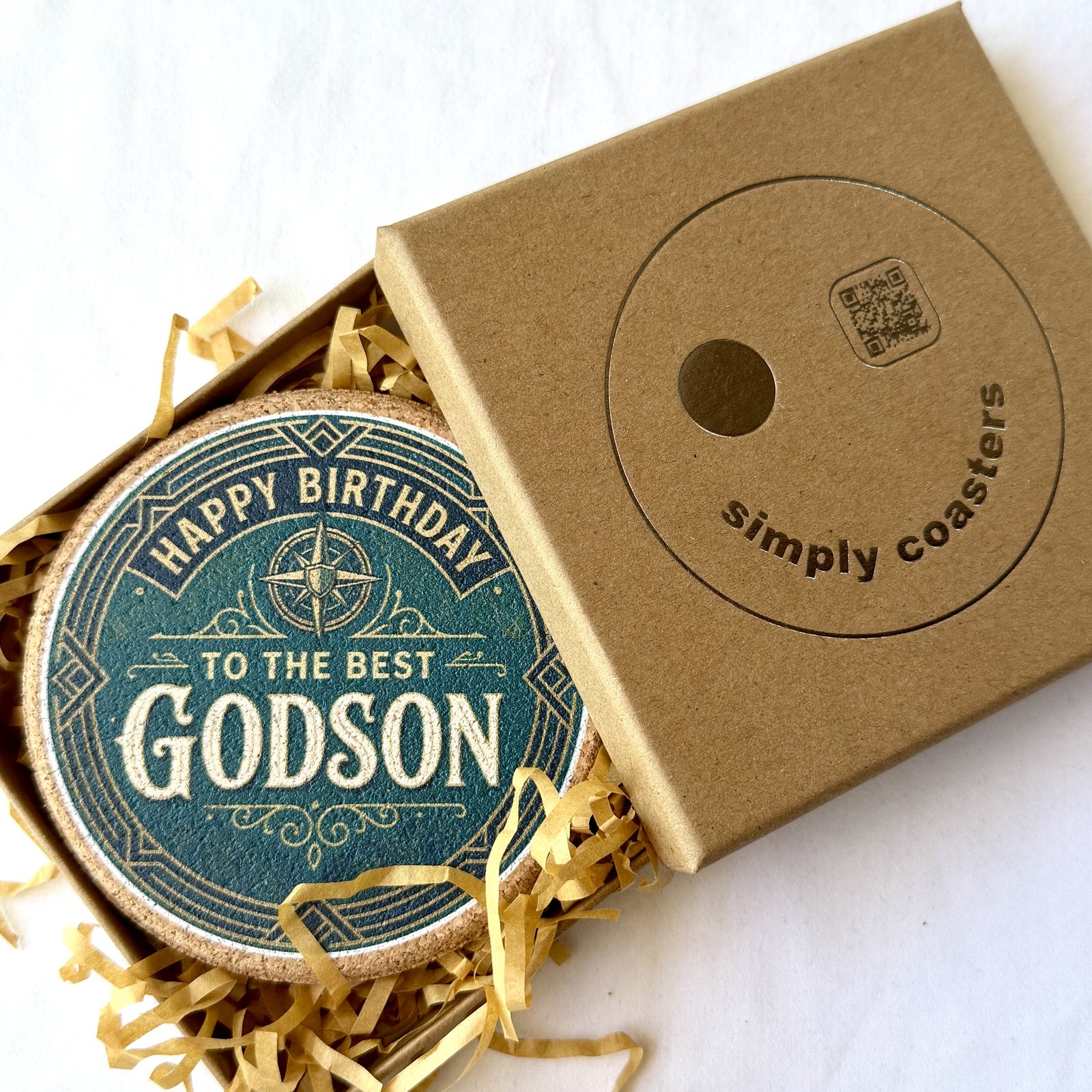 Best Godson — Teal birthday coaster in Simply Coasters branded Kraft gift box