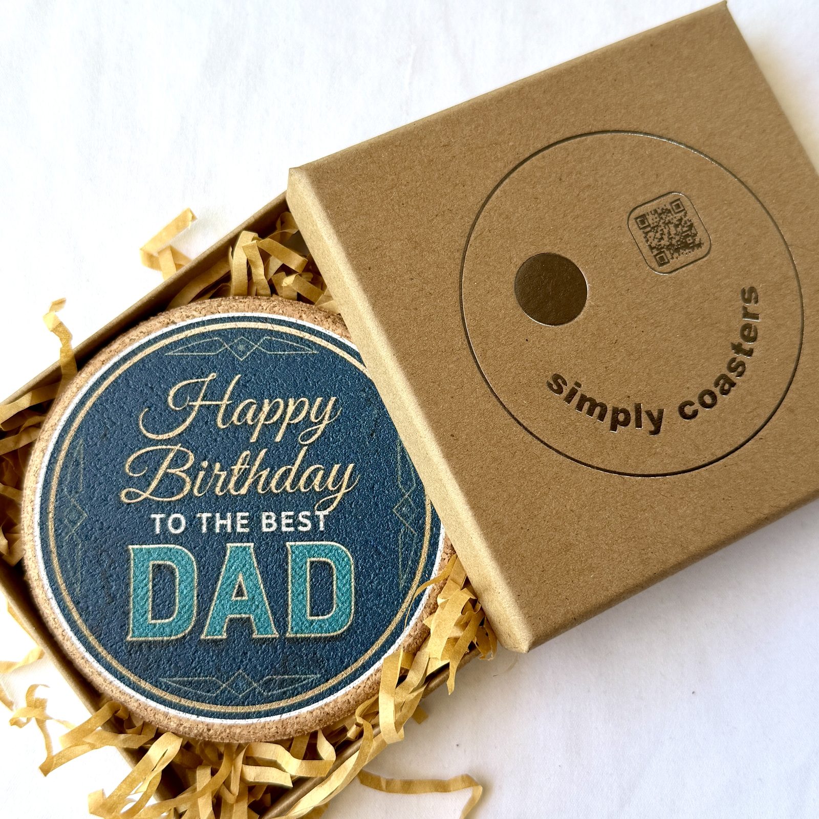 Best Dad — Teal birthday coaster in Simply Coasters branded Kraft gift box
