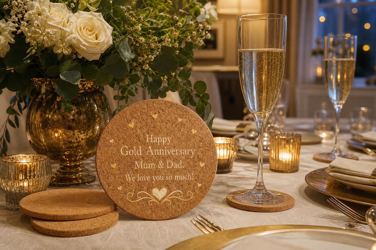 Bespoke gold anniversary cork coasters personalised for Mum and Dad, on a celebration table.