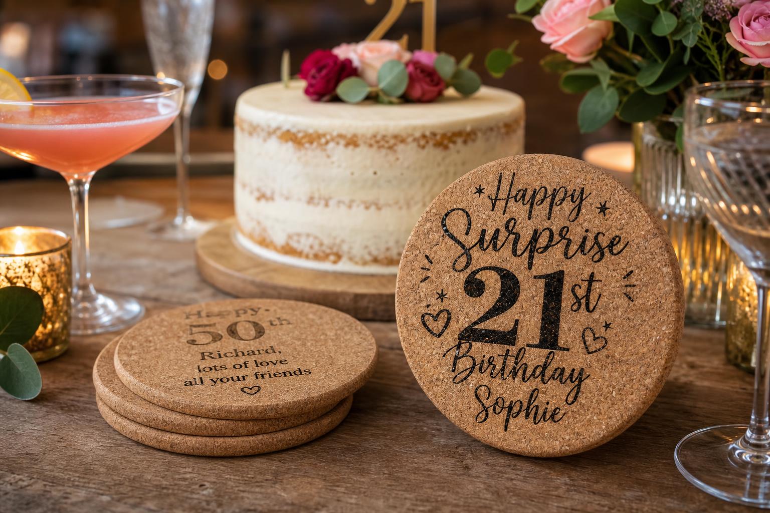 Personalised birthday cork coasters styled at a UK party table.