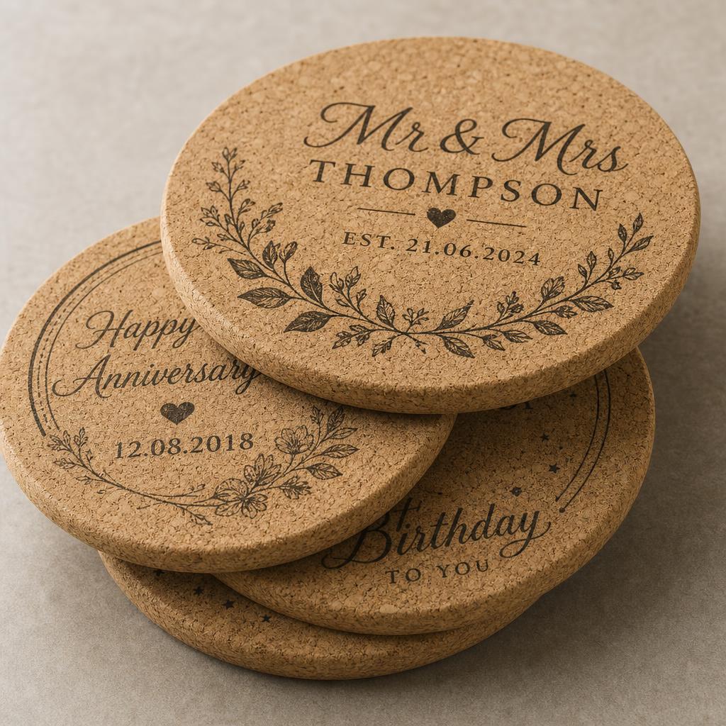 Close-up of the rounded bevelled edge of a personalised cork coaster.