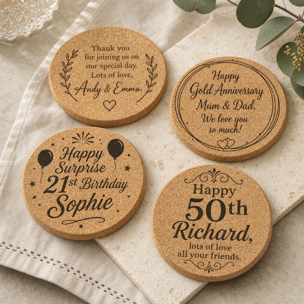 Personalised cork coasters in a flatlay — wedding, birthday and anniversary designs made in the UK.