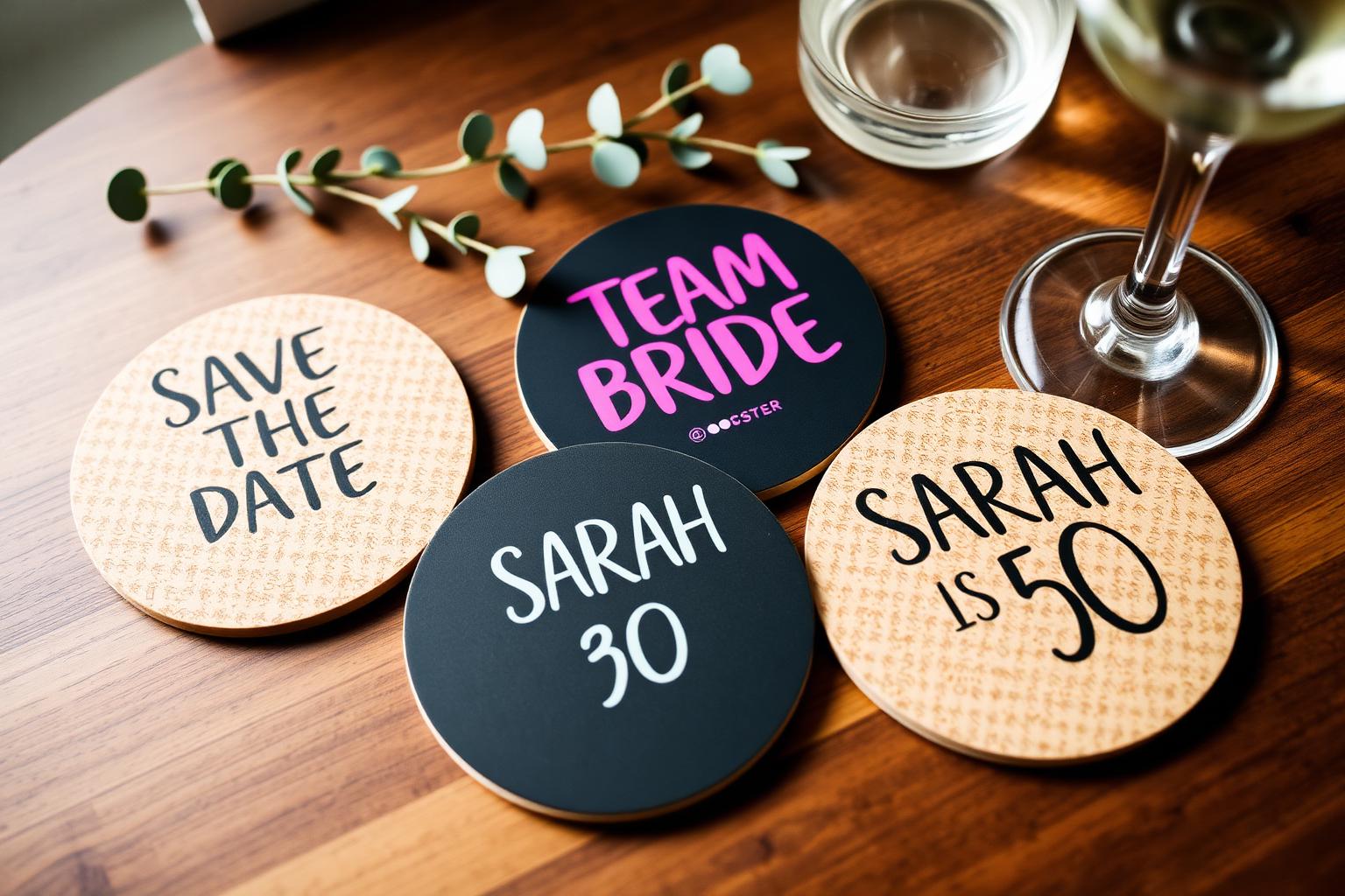 Personalised party coasters — save the date, team bride and milestone birthday designs on premium cork.